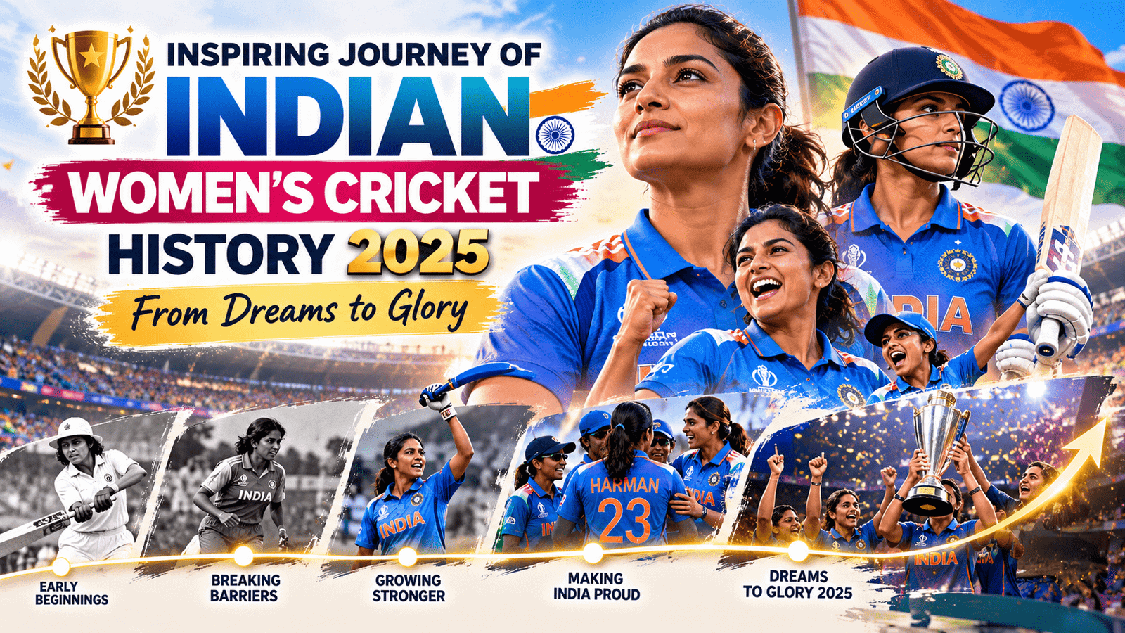 Inspiring journey of Indian women’s cricket history 2025 featuring Team India, cricket players, World Cup celebrations, and the journey from dreams to glory.