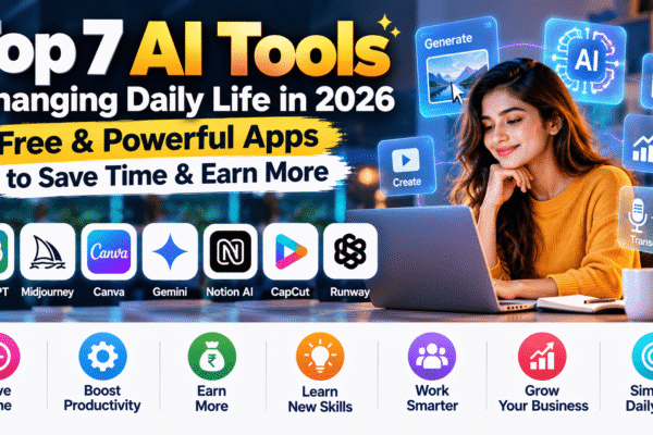 Top 7 AI tools changing daily life in 2026 with free AI apps to save time, improve productivity, and earn more.