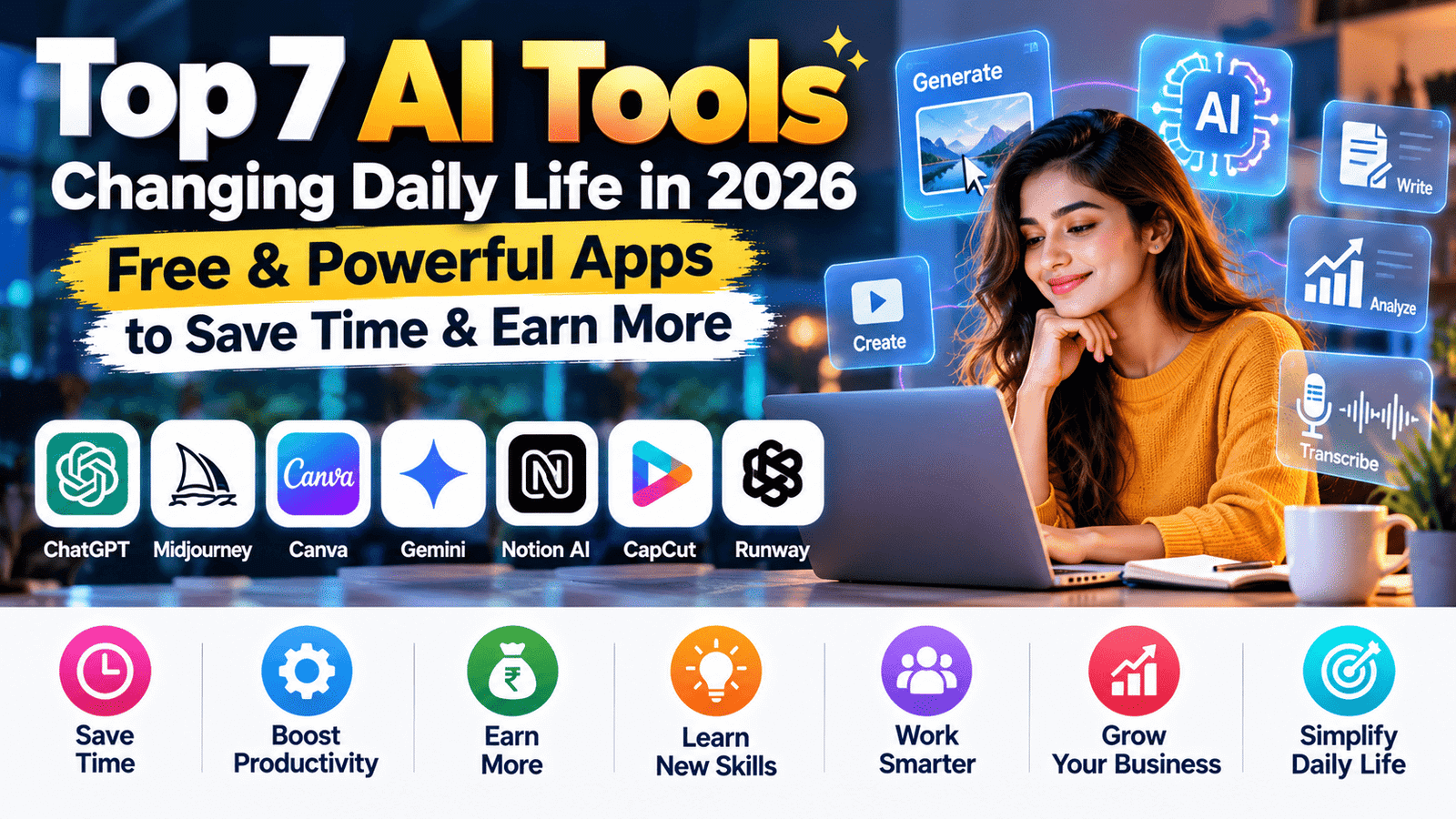 Top 7 AI tools changing daily life in 2026 with free AI apps to save time, improve productivity, and earn more.