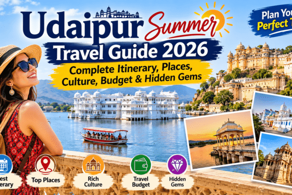 Udaipur Summer Travel Guide 2026 featuring Lake Pichola, City Palace, heritage architecture, local culture, travel budget, and hidden gems.
