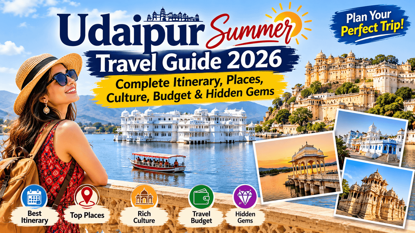 Udaipur Summer Travel Guide 2026 featuring Lake Pichola, City Palace, heritage architecture, local culture, travel budget, and hidden gems.