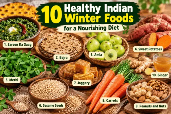 10 healthy Indian winter foods including sarson ka saag, bajra roti, amla, sweet potatoes, methi, sesame seeds, jaggery, carrots, peanuts and ginger