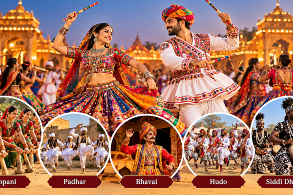 Gujarati folk dances featuring Garba, Dandiya Raas, Tippani, Padhar, Bhavai, Hudo, and Siddi Dhamal.