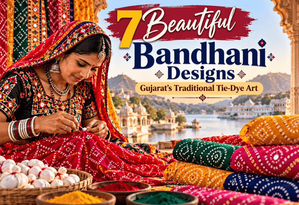 Bandhani traditional tie-dye art from Gujarat featuring colourful dotted fabrics in red, green, yellow, and white