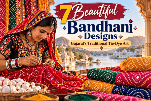 Bandhani traditional tie-dye art from Gujarat featuring colourful dotted fabrics in red, green, yellow, and white
