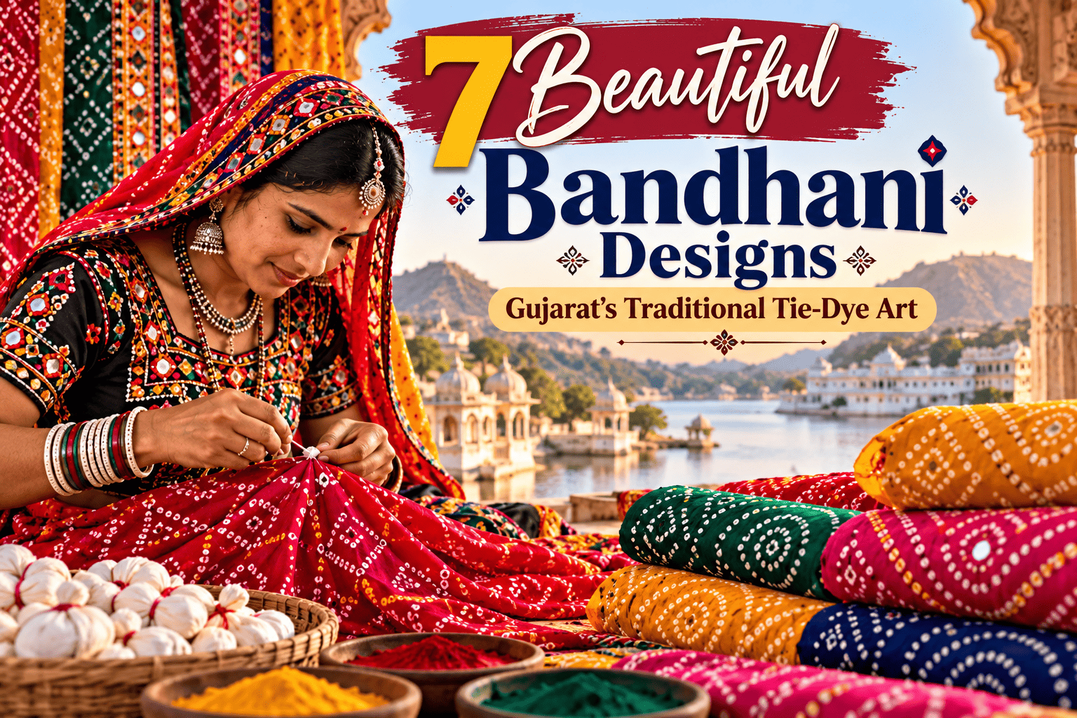 Bandhani traditional tie-dye art from Gujarat featuring colourful dotted fabrics in red, green, yellow, and white