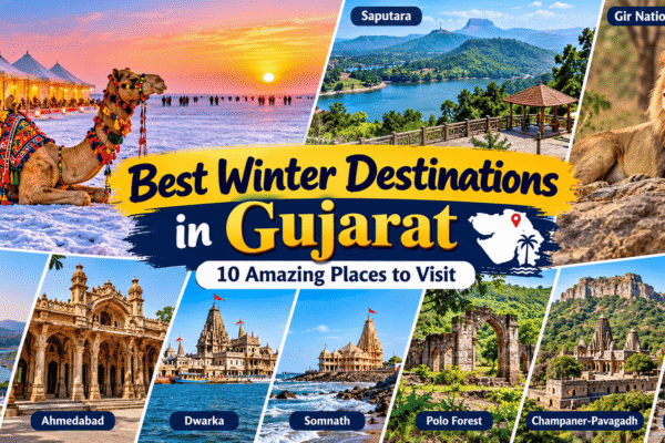 Best winter destinations in Gujarat featuring the Rann of Kutch, Saputara, Gir National Park, Statue of Unity, Dwarka and Somnath