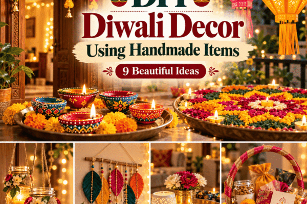 DIY Diwali decor using handmade items, including painted diyas, decorative lanterns, rangoli, jar lights, and festive handmade decorations.