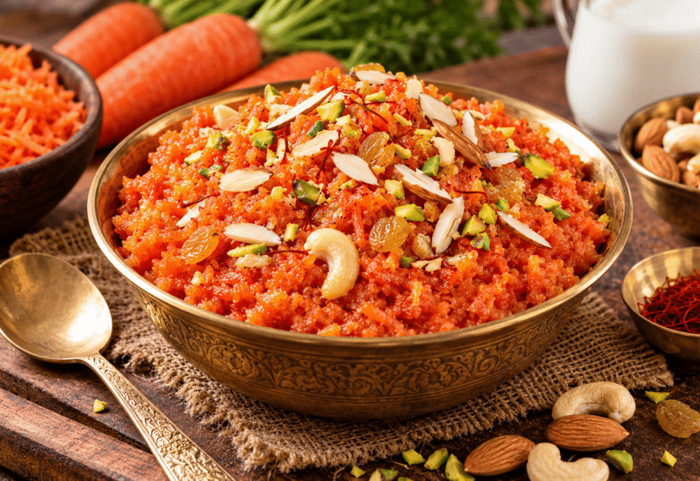 Gajar Halwa Recipe made with grated carrots, milk, ghee, cardamom, and chopped nuts