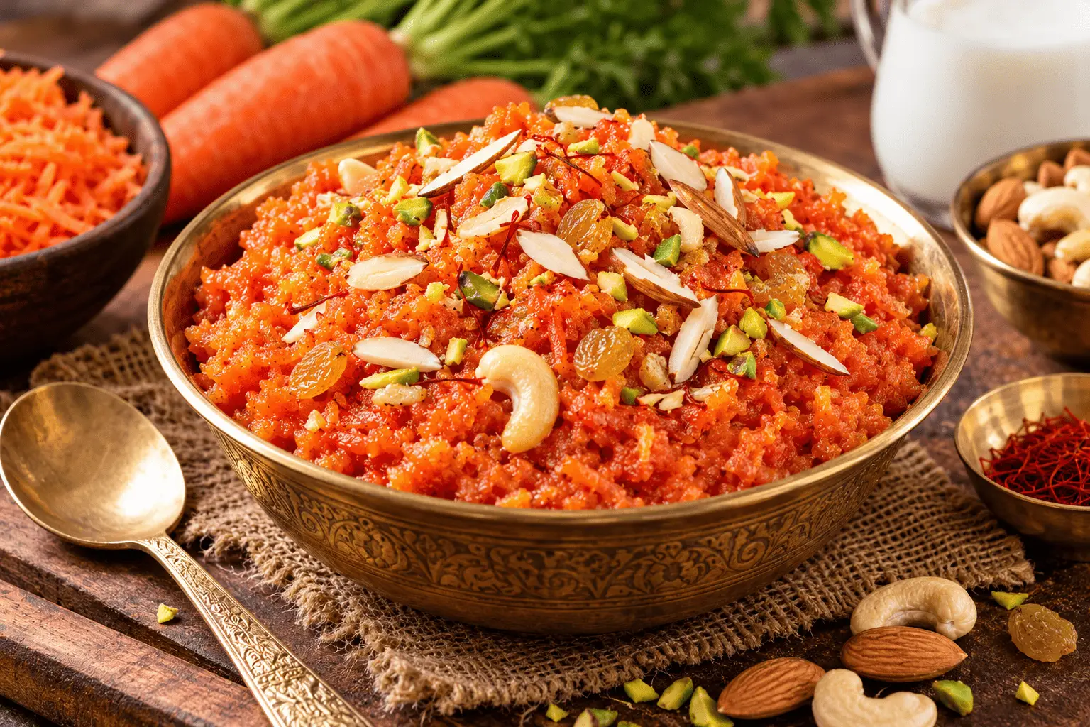 Gajar Halwa Recipe made with grated carrots, milk, ghee, cardamom, and chopped nuts