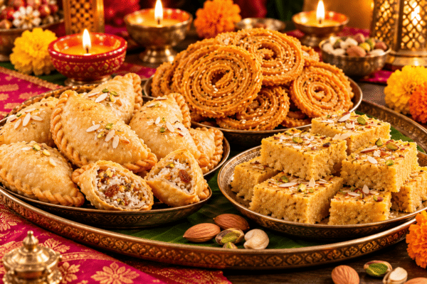 Gujarati Diwali snacks featuring crispy ghughra, crunchy chakri and traditional mohanthal