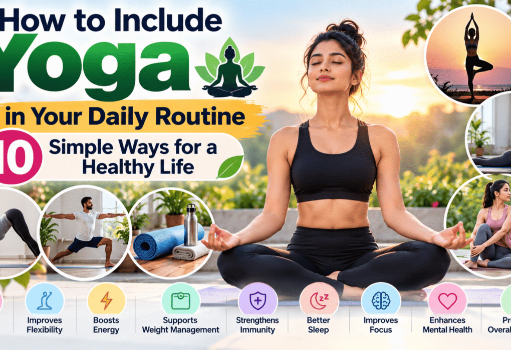 How to include yoga in your daily routine with 10 simple yoga practices for a healthy life, stress relief, flexibility, and mental well-being.