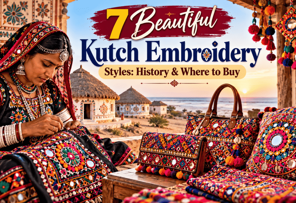 Kutch embroidery featuring colourful mirror work, traditional Kutchi textiles, and handmade embroidered bags from Gujarat