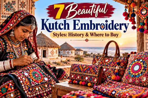 Kutch embroidery featuring colourful mirror work, traditional Kutchi textiles, and handmade embroidered bags from Gujarat