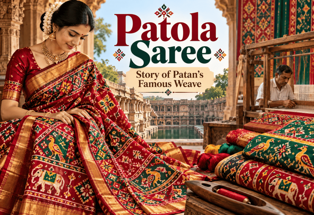 Traditional Patan Patola saree from Gujarat featuring colourful geometric motifs and intricate double ikat weaving