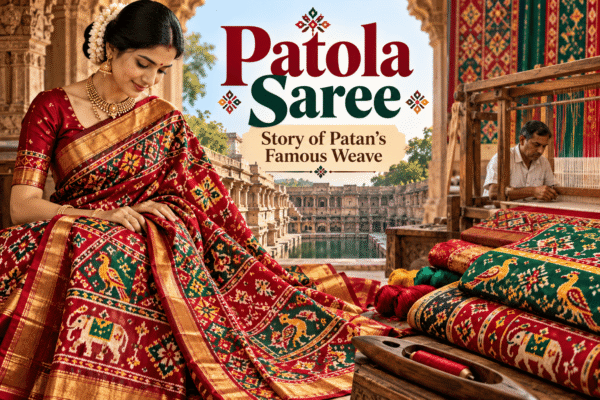 Traditional Patan Patola saree from Gujarat featuring colourful geometric motifs and intricate double ikat weaving