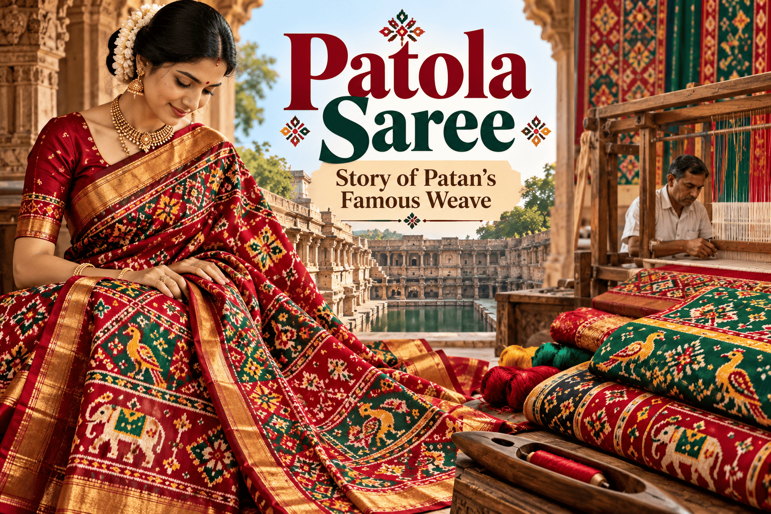 Traditional Patan Patola saree from Gujarat featuring colourful geometric motifs and intricate double ikat weaving
