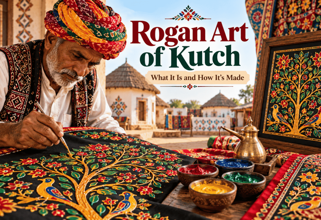 Traditional Rogan art of Kutch featuring colourful Tree of Life patterns painted on black fabric by a local artisan