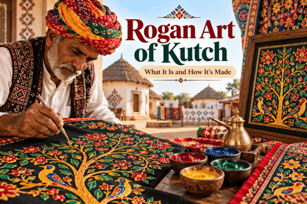 Traditional Rogan art of Kutch featuring colourful Tree of Life patterns painted on black fabric by a local artisan