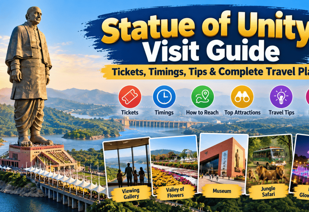 Statue of Unity Visit Guide featuring the monument, Narmada River, viewing gallery, Valley of Flowers, and nearby attractions in Gujarat
