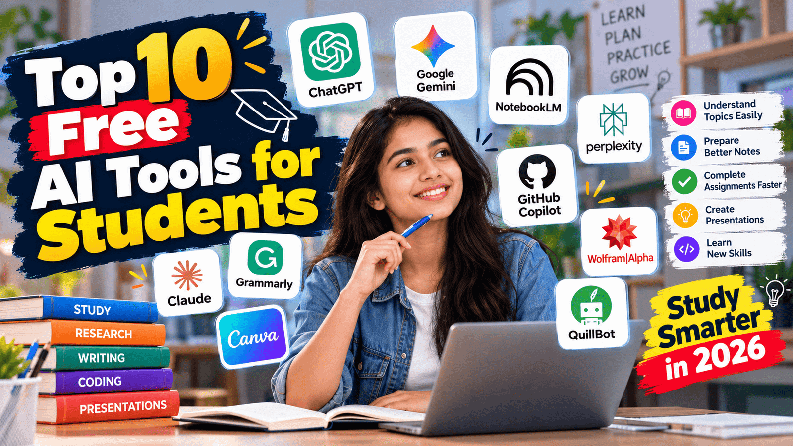 Top 10 free AI tools for students in 2026 for studying, research, writing, coding, and exam preparation