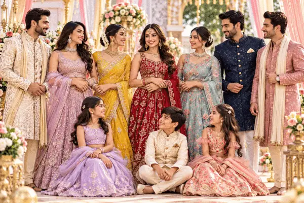 Wedding Guest Outfit Ideas featuring stylish Indian ethnic outfits for women, men and kids